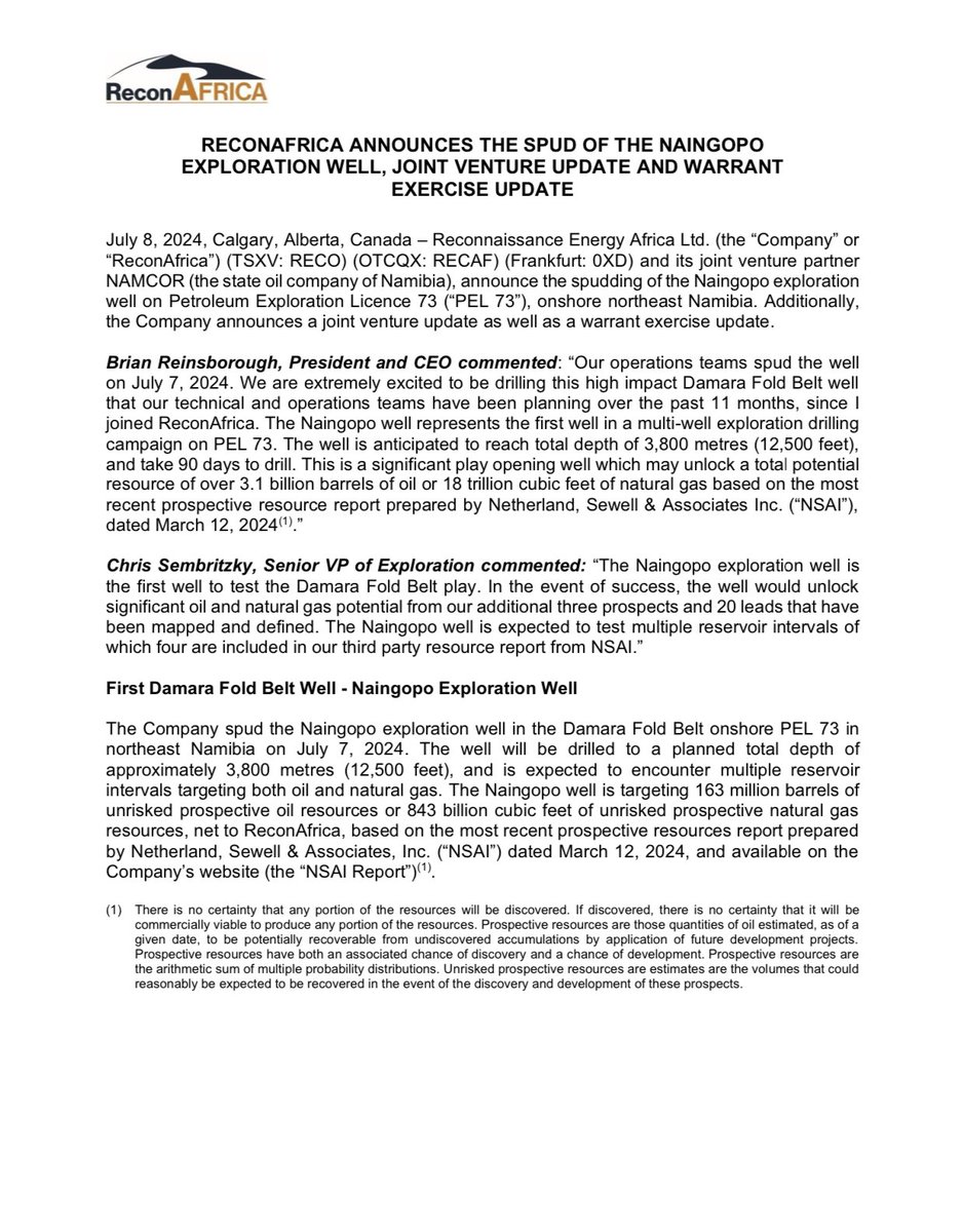 Recon_Africa's tweet photo. @Recon_Africa and its joint venture partner @NamcorNamibia (the state oil company of Namibia), announce the spudding of the #Naingopo exploration
well on Petroleum Exploration Licence 73 (“PEL 73”), onshore northeast Namibia.
#PEL73 #Naingopo #OilAndGas https://t.co/IuORTXdmEN