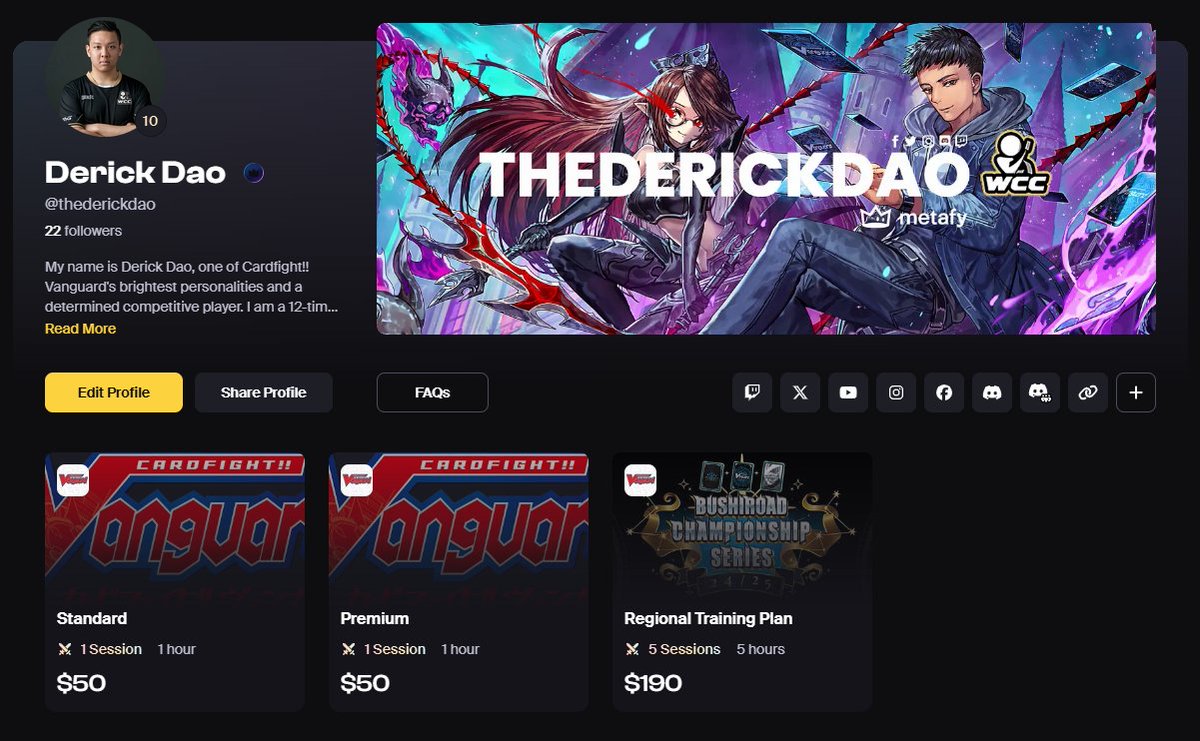 As Bushiroad Championship Series 24/25 draws near, I have re-opened my coaching sessions on <a href="/TryMetafy/">Metafy</a>  for Standard and Premium 🎊

I will soon be looking at doing group sessions to help players prepare for the season.

Book a session at metafy.gg/@thederickdao 🎓