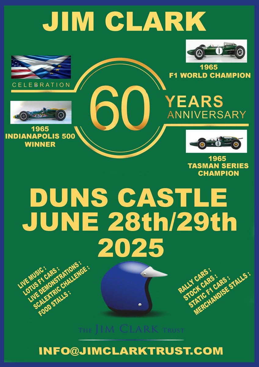 JimClarkTrust's tweet photo. Next year marks the 60th anniversary of Jim Clark's historic victories in both the 1965 Formula 1 World Championship and Indianapolis 500. We're honoring his legacy with a spectacular showcase of Scottish motorsport. https://t.co/CXgLTMV4lR