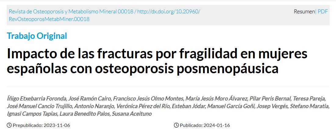 Esta semana recuperamos este artículo de la Revista de <a href="/seiomm/">SEIOMM</a>:

👉🏻"Impacto de las fracturas por fragilidad en mujeres españolas con #osteoporosis posmenopáusica"

Puedes leerlo aquí: …deosteoporosisymetabolismomineral.com/articles/00018…