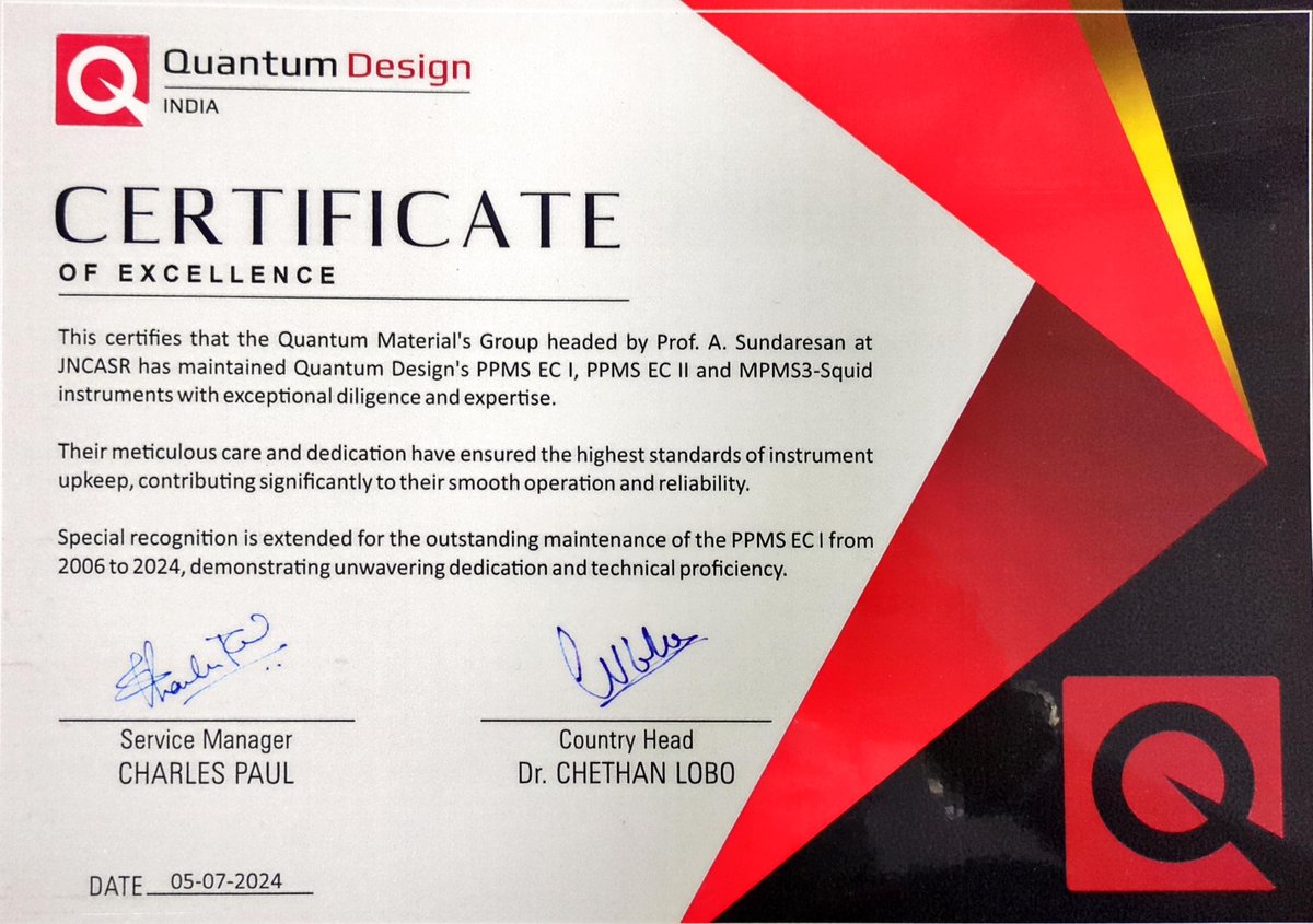 QuantumMatLab's tweet image. We&apos;re thrilled to share that our research group has been awarded the Certificate of Excellence by Quantum Design India for our technical proficiency in handling MPMS and PPMS! 🎉 @jncasr @IndiaDST @qdusa