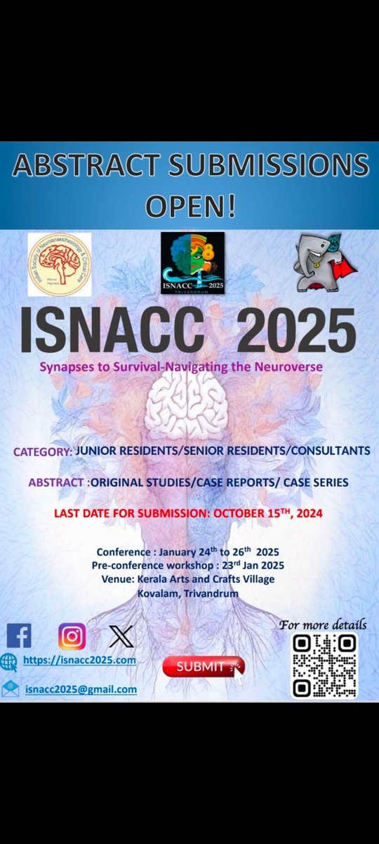 ISNACC 2025 (@isnacc2025) on Twitter photo #ISNACC2025 Abstract submissions are open for the 26th Annual Conference of ISNACC!!! <a href="/ISNACCINDIA/">ISNACC</a>
<a href="/SNACCNeuro/">SNACC</a>
<a href="/naccsuk/">🄽🄰🄲🄲🅂</a>
<a href="/ISANHQ/">INDIAN SOCIETY OF ANAESTHESIOLOGISTS</a>
<a href="/ASALifeline/">ASA®</a>
<a href="/ASA_Australia/">The Australian Society of Anaesthetists</a>
<a href="/NCSIofficial/">Neurocritical Care Society of India</a>
<a href="/ICPNT/">ICPNT</a>
<a href="/girijarath/">Girija Rath</a>
<a href="/wfsaorg/">WFSA</a>
<a href="/drajayhrishi/">DRAJAYHRISHI</a>
<a href="/sctimst_tvm/">SCTIMST</a> #ISNACC2025 Abstract submissions are open for the 26th Annual Conference of ISNACC!!! <a href="/ISNACCINDIA/">ISNACC</a>
<a href="/SNACCNeuro/">SNACC</a>
<a href="/naccsuk/">🄽🄰🄲🄲🅂</a>
<a href="/ISANHQ/">INDIAN SOCIETY OF ANAESTHESIOLOGISTS</a>
<a href="/ASALifeline/">ASA®</a>
<a href="/ASA_Australia/">The Australian Society of Anaesthetists</a>
<a href="/NCSIofficial/">Neurocritical Care Society of India</a>
<a href="/ICPNT/">ICPNT</a>
<a href="/girijarath/">Girija Rath</a>
<a href="/wfsaorg/">WFSA</a>
<a href="/drajayhrishi/">DRAJAYHRISHI</a>
<a href="/sctimst_tvm/">SCTIMST</a>