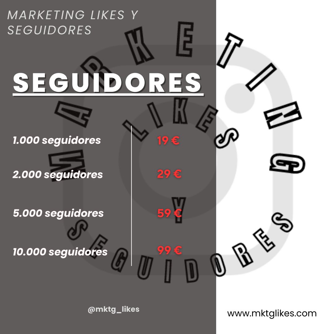 SEGUIDORES (INSTAGRAM)

- 1000 seguidores | 19 €

- 2000 seguidores | 29 €

- 5000 seguidores | 59 €

- 10000 seguidores | 99 €