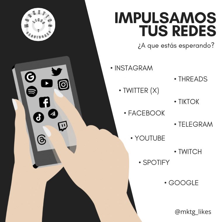 Impulsa tus redes sociales. Servicios disponibles para:

- Instagram

- Threads

- Twitter 

- Tiktok

- Facebook

- Telegram

- Youtube

- Twitch

- Spotify

- Google