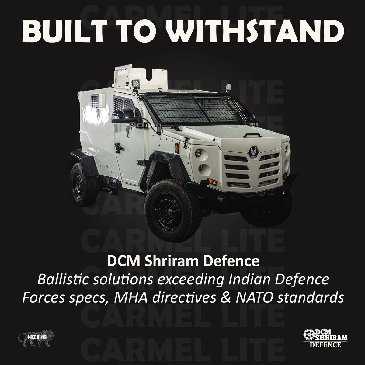 dcmsrdefence's tweet image. DCM Shriram Defence offers high-quality ballistic solutions for Indian Defence Forces, MHA, and NATO, meeting all standards. With premium materials and advanced methods, we provide tailored solutions. #DCMDefence #CarmelLite #BallisticSolutions #MadeInIndia