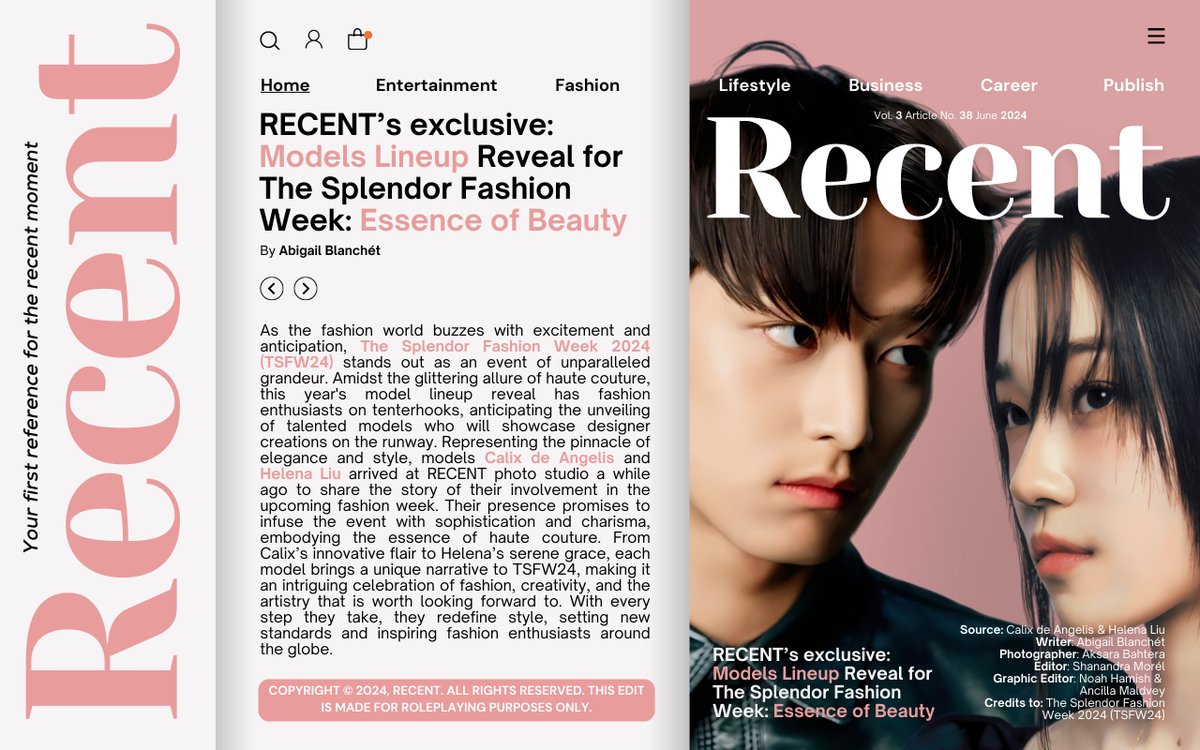 RECENTlME's tweet image. ㅤ

       RECENT ARTICLE NO. 38

       RECENT'S EXCLUSIVE: MODELS
       LINEUP REVEAL FOR THE SPLENDOR
       FASHION WEEK: ESSENCE OF BEAUTY

       The committee of TSFW24, Sagesse and
       The Seventeen Carat, exclusively shared 
       the models lineup.

ㅤ