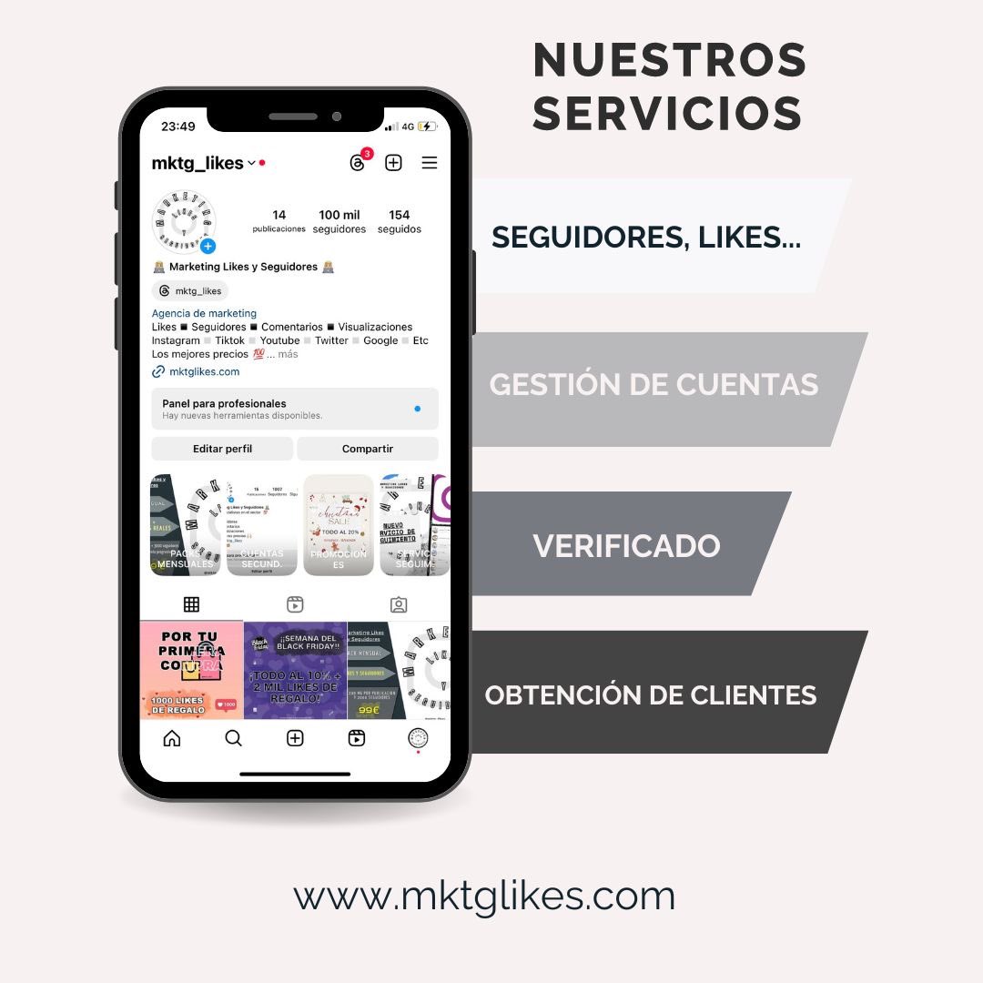 Algunos de nuestros servicios (INSTAGRAM): 

- Aumento de seguidores, likes, visualizaciones… 

- Gestión de cuentas: publicación de posts o edición

- Servicio de verificación de la cuenta

- Obtención de clientes con embudos de ventas, promociones y publicidad, entre otros