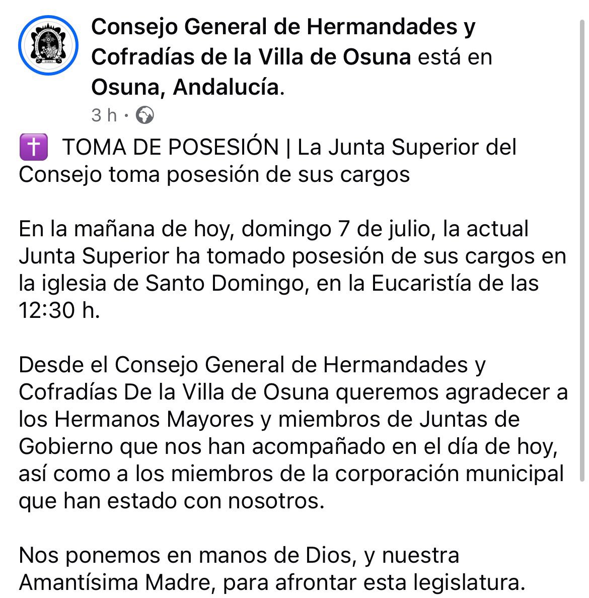 ConsejodeOsuna's tweet photo. ✝️  TOMA DE POSESIÓN | La Junta Superior del Consejo toma posesión de sus cargos https://t.co/O3JrosiphL