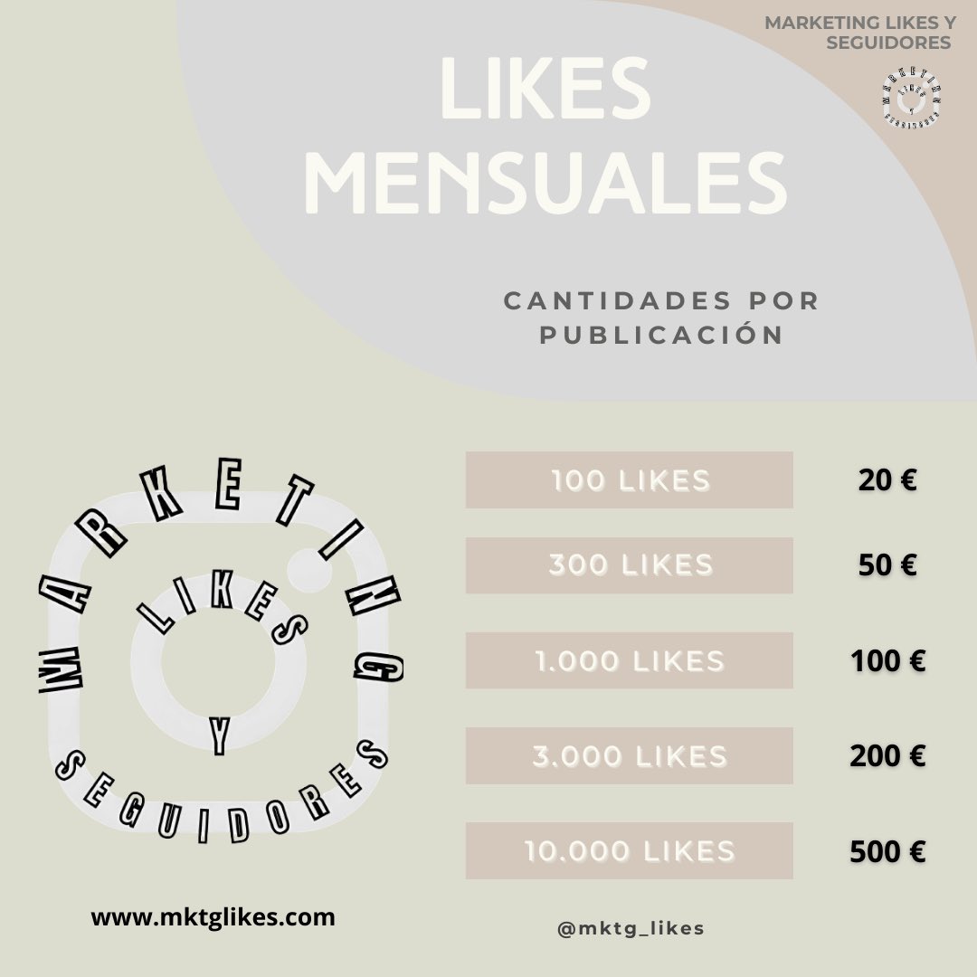 Servicio de Likes Mensuales x Publicación (INSTAGRAM):

- 100 likes | 20 € 

- 300 likes | 50 € 

- 1000 likes | 100 € 

- 3000 likes | 200 € 

- 10000 likes | 500 €