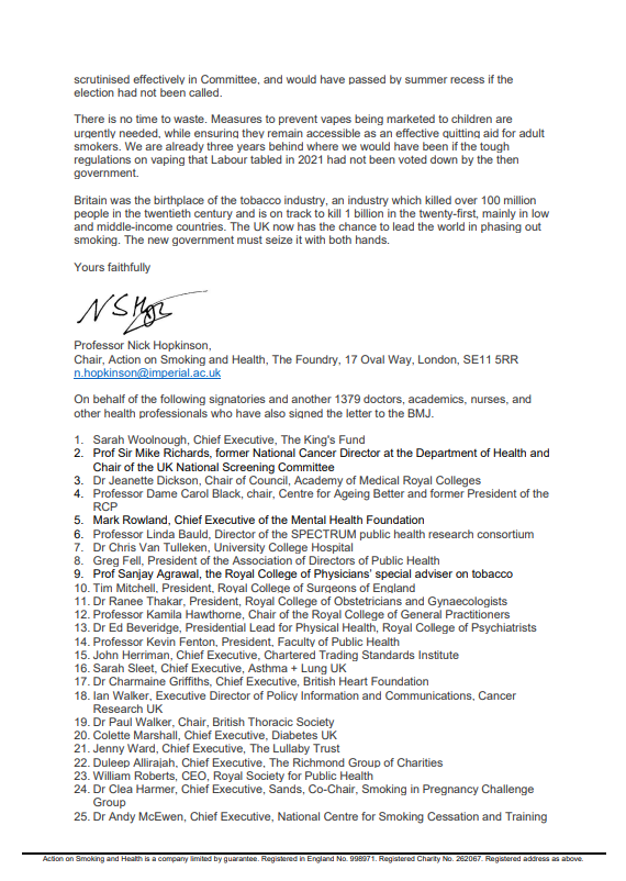 Today ASH Chair @CopdDoc and over 1400 health experts call on <a href="/10DowningStreet/">UK Prime Minister</a> &amp; @WesStreeting to prioritise the reintroduction of the Tobacco and Vapes Bill &amp; the Roadmap to a smoke-free Britain. ash.org.uk/uploads/ASHlet…