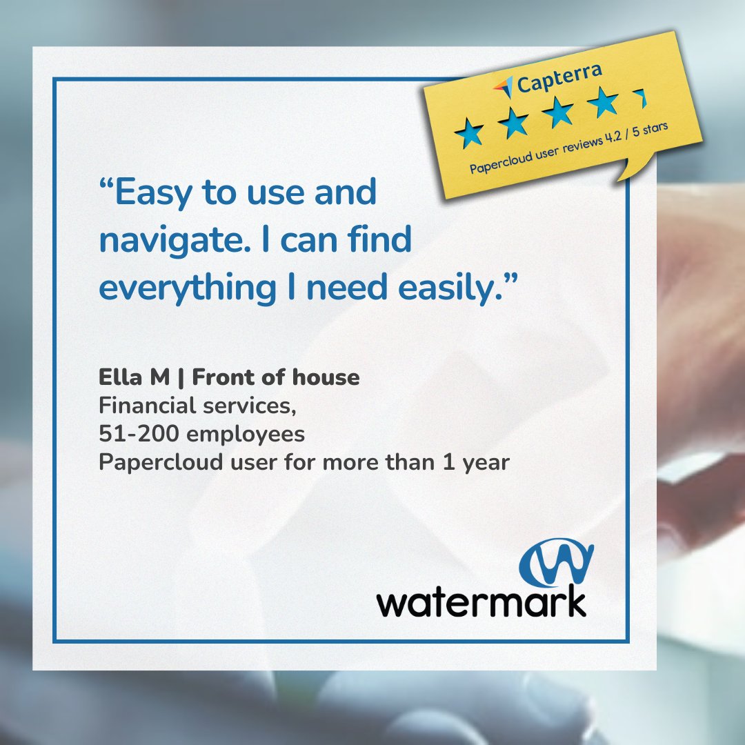 watermark_tech's tweet photo. We can let our customers speak for themselves.

We help IFAs, insurance brokers, and SMEs who want to jump from outdated software to Papercloud. Book an online demo. https://t.co/JmGwBrpfCr

#paperless #documentmanagement https://t.co/pWWLPOPdJY