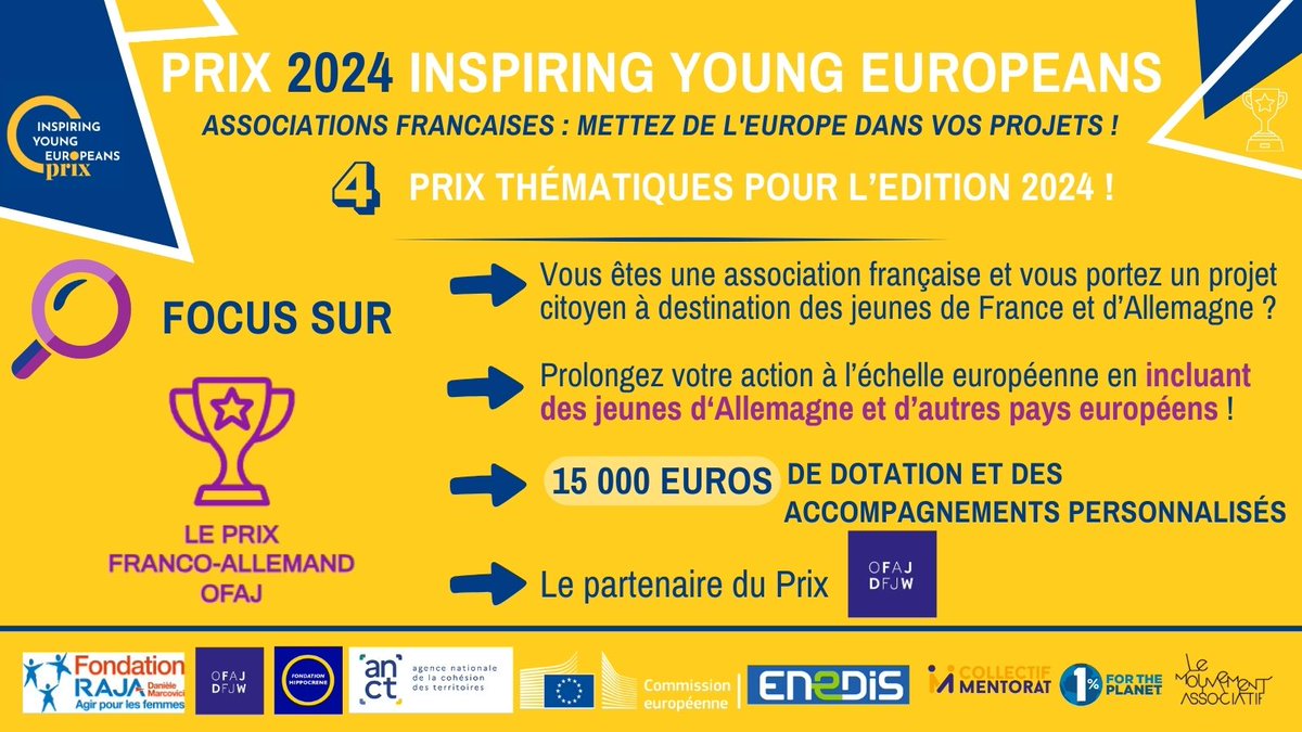 Découvrez le Prix franco-allemand OFAJ et sa dotation 🤔💡  

➡️ Ce prix encourage la collaboration entre jeunes Français et Allemands à travers des projets citoyens ayant un impact sociétal positif. Les projets doivent être réalisés en partenariat entre une association française