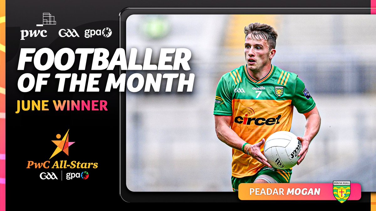 Making it back to back wins, Peadar Mogan has once again been named the <a href="/PwCIreland/">PwC Ireland</a> #GAA | <a href="/gaelicplayers/">GPA</a> Footballer of the Month for June! 👏

Comhghairdeas <a href="/officialdonegal/">CLG Dhún na nGall</a>! 🟡🟢

#PwCAllStars