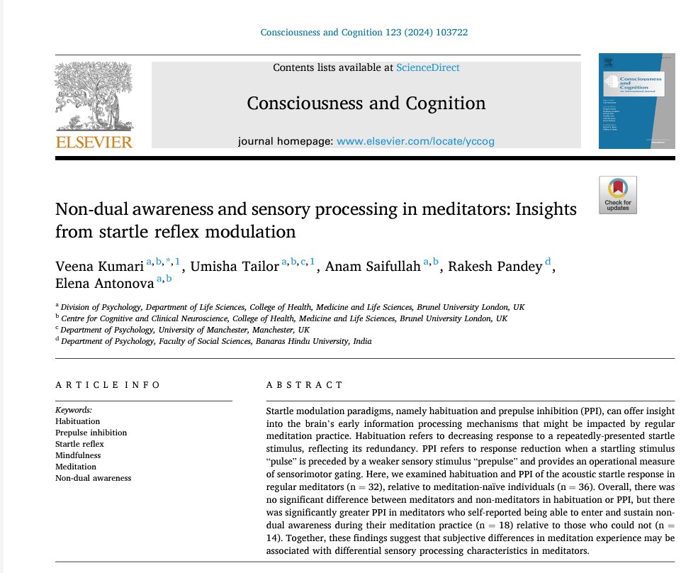 Rakesh Pandey (राकेश पाण्डेय) (@rpandeybhu) on Twitter photo The study (funded by <a href="/bialfoundation/">BIAL Foundation</a>) conducted by research team <a href="/BrunelCCN/">Centre for Cognitive & Clinical Neuroscience 🧠</a> and <a href="/bhupro/">BHU Official</a> shows that regular meditation practice affects sensorimotor processing. Meditators reporting non-dual awareness during practice showed superior sensorimotor gating, relative to those without. The study (funded by <a href="/bialfoundation/">BIAL Foundation</a>) conducted by research team <a href="/BrunelCCN/">Centre for Cognitive & Clinical Neuroscience 🧠</a> and <a href="/bhupro/">BHU Official</a> shows that regular meditation practice affects sensorimotor processing. Meditators reporting non-dual awareness during practice showed superior sensorimotor gating, relative to those without.