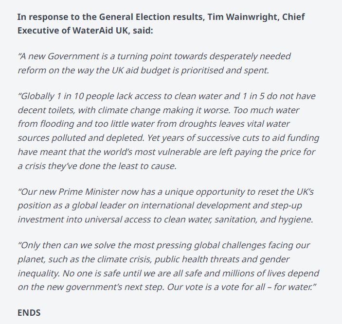 WaterAid Press (@wateraidpress) on Twitter photo “A new Government is a turning point towards desperately needed reform on the way the UK aid budget is prioritised and spent." <a href="/WainwrightTim/">Tim Wainwright</a>
See our full statement from the election result below
⬇️
wateraid.org/uk/media/milli… “A new Government is a turning point towards desperately needed reform on the way the UK aid budget is prioritised and spent." <a href="/WainwrightTim/">Tim Wainwright</a>
See our full statement from the election result below
⬇️
wateraid.org/uk/media/milli…