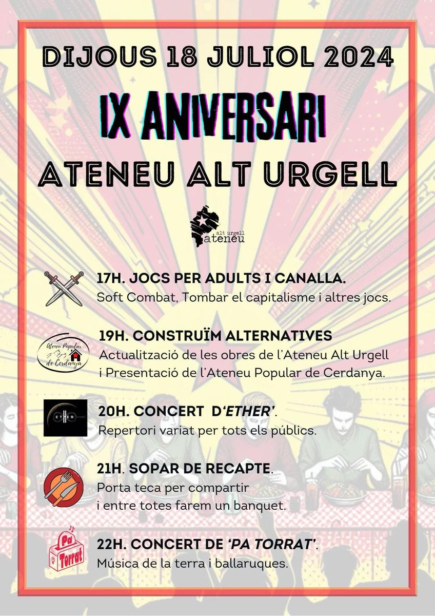🎂 La Festa de l'Ateneu!

Jocs, xerrada, música en directe, sopar de recapte... No hi faltis! 😉
