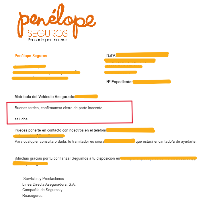blancamb95's tweet photo. El 02/07 recibí este email donde me confirman el cierre de parte inocente.

Para comprobarlo,  pedí me mandaran el certificando de siniestralidad (que llega en 24h).

Lo  reclamé el 04/07 y aún lo sigo esperando...

.@LineaDirecta_es .@LineaDirectaATC .@PenelopeSeguros 

.@FACUA https://t.co/WKgpDwOG6v