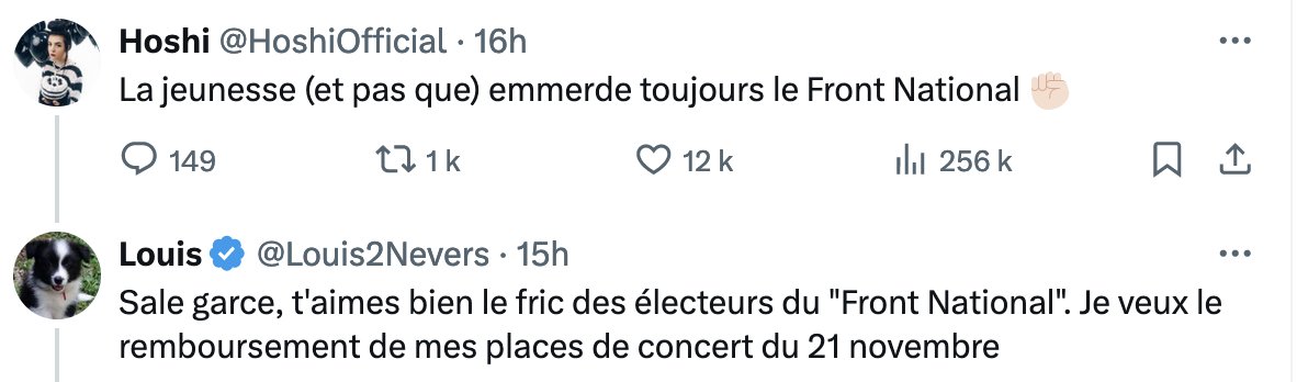 Sincèrement étonné par les gens qui achètent des places de concert pour des artistes dont ils n'ont pas écouté les paroles et les valeurs qu'elles défendent. Vraie question: tant que les artistes n'ont pas dit «non à l'extrême droite», toute leur musique c'est de l'amusement?
