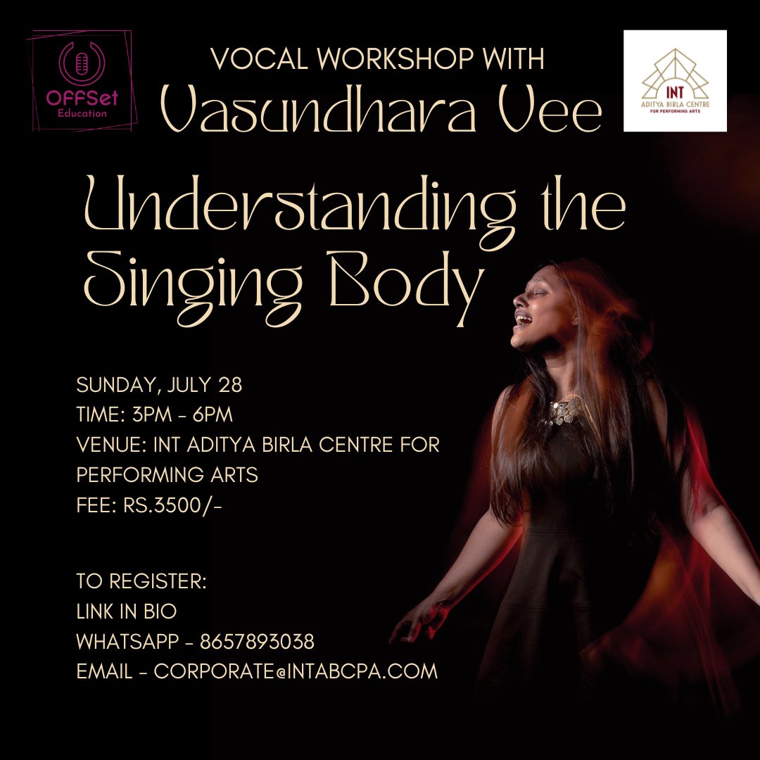 OffSetEd's tweet image. OffSet Education in association with INTABCPA presents a vocal workshop with Vasundhara Vee!
This workshop is geared to understanding the hard facts presented by the body itself. We will put every theory to the test and understand whether the body says yes or no.
LINK IN BIO