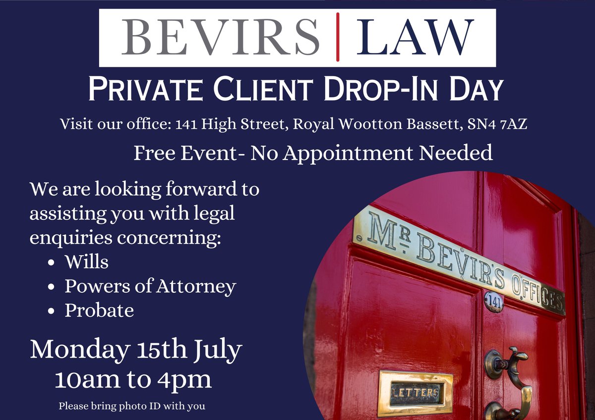 Bevirs's tweet photo. Our drop-in session is one week today!
Visit our Royal Wootton Bassett office from 10am to 4pm on Monday 15th July to meet our Chartered Legal Executives David Neve &amp; Heather Wannell for anyone with legal queries they need help with regarding Wills, Powers of Attorney and Probate https://t.co/G0YrUdJkWX