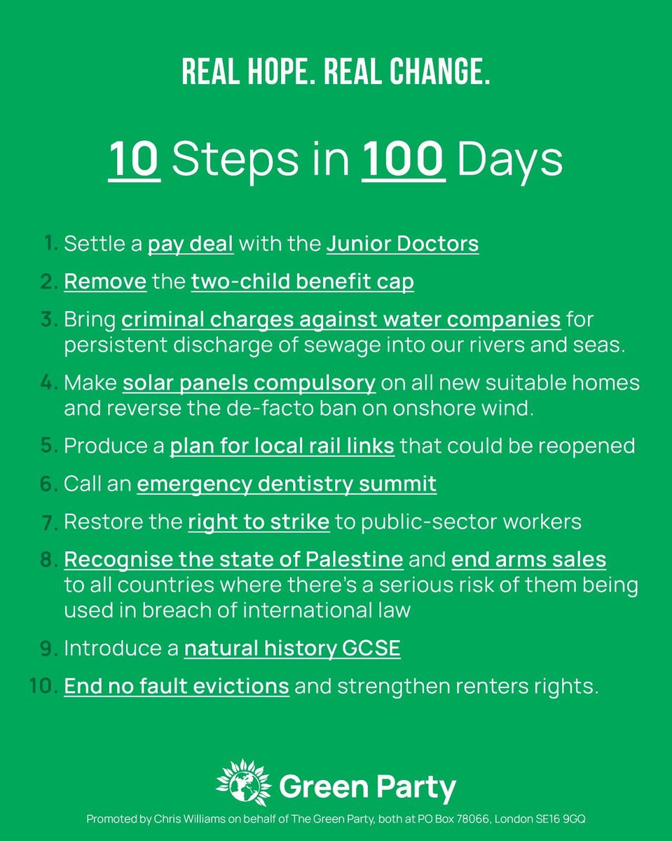 The Green Party has laid down the first 10 steps the new Labour government must take in their first 100 days to show they’re serious about changing Britain ⤵️

What do you want to see them do first?