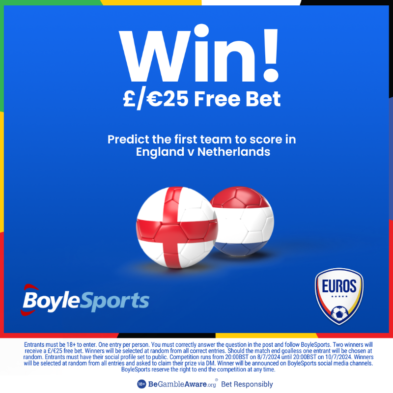 BoyleSports's tweet photo. 🤑 Choose wisely and you can win a £/€25 Free Bet!

To enter:
✅ Follow @BoyleSports
🔁 Retweet this post
💬 Predict the first team to score in England v Netherlands

🔞 Click below for full terms &amp; conditions

#CelebrateEarly | #Euro2024