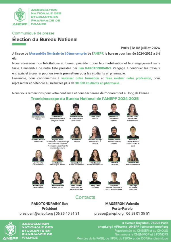 📣[COMMUNIQUÉ DE PRESSE]📢 : Élection du Nouveau Bureau de l'ANEPF 2024-2025

À l'issue de l'Assemblée Générale du 60ème congrès de l’ANEPF, le bureau présidé par <a href="/Ilan_ANEPF/">Ilan Rakotondrainy</a> pour l’année 2024-2025 a été élu.