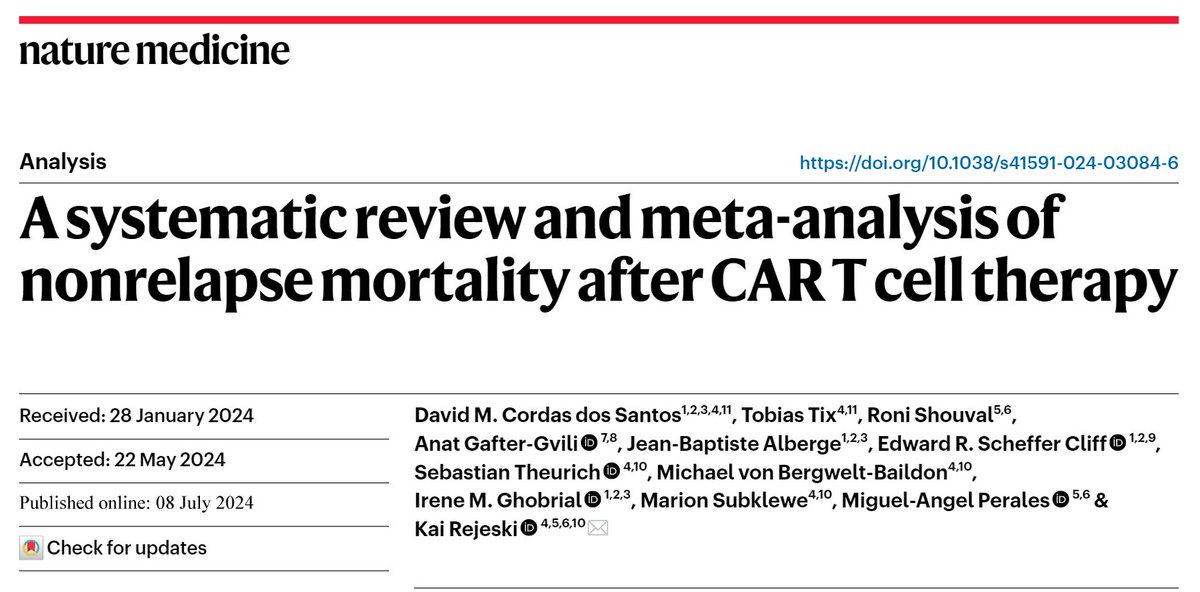 DavidCdSMD's tweet image. Check out our new study in @NatureMedicine looking at nonrelapse mortality after CAR-T cell treatment with Tobias Tix and @KRejeski
nature.com/articles/s4159…