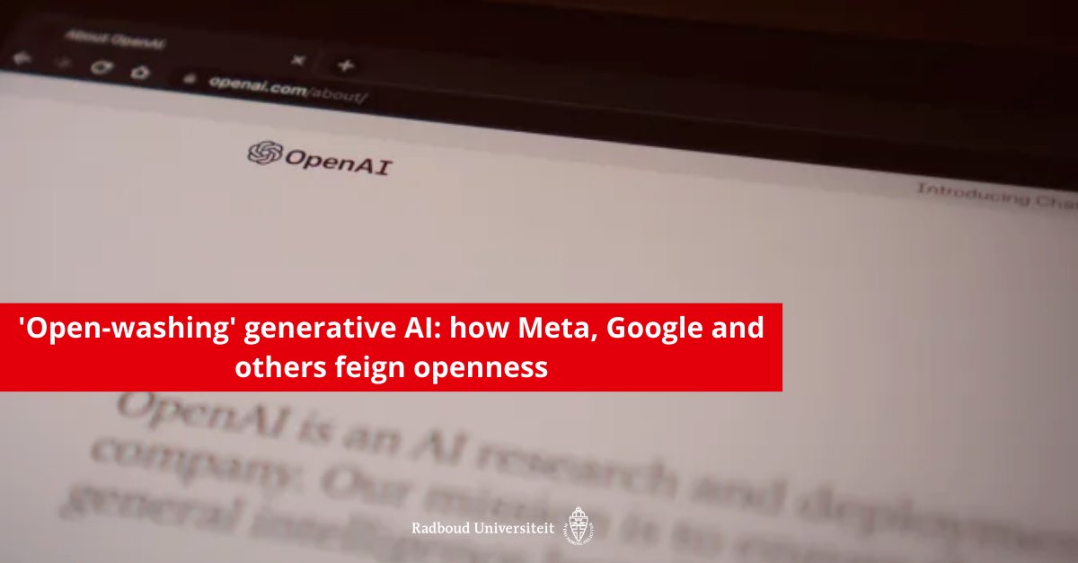 The past year has seen a steep rise in generative AI systems that claim to be open. But how open are they really? New research by Andreas Liesenfeld and Mark Dingemanse shows there’s widespread practice of ‘open-washing’ by companies like Meta. Read more: bit.ly/3zxvpo9
