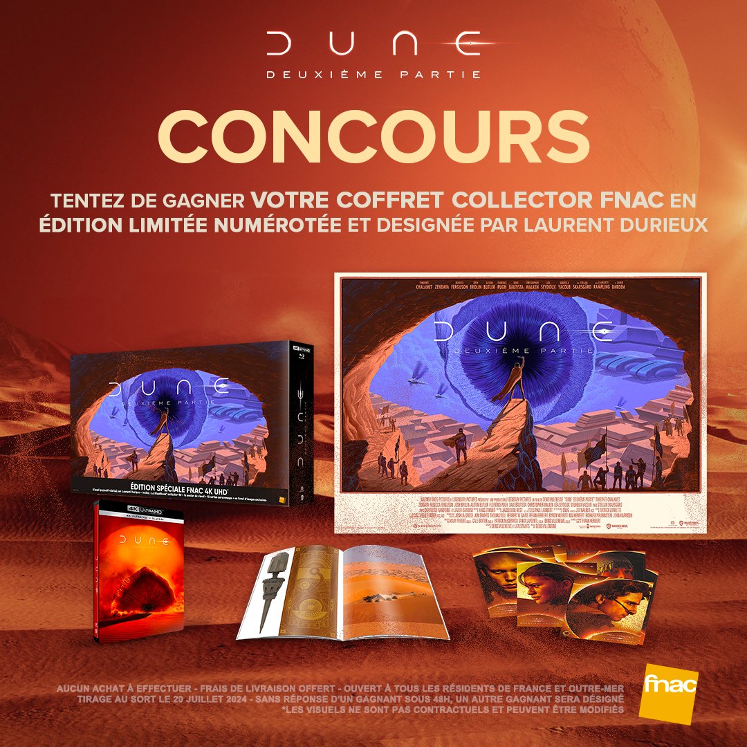 Gagne ton Coffret Dune : Deuxième Partie Collector FNAC en édition limitée numérotée et designée par Laurent Durieux !

💥 Être abonné à <a href="/warnerbrosfr/">Warner Bros France</a> 
❤️ Like le post
🔁 RT le post

🗓️ Tirage au sort le 20 juillet 2024