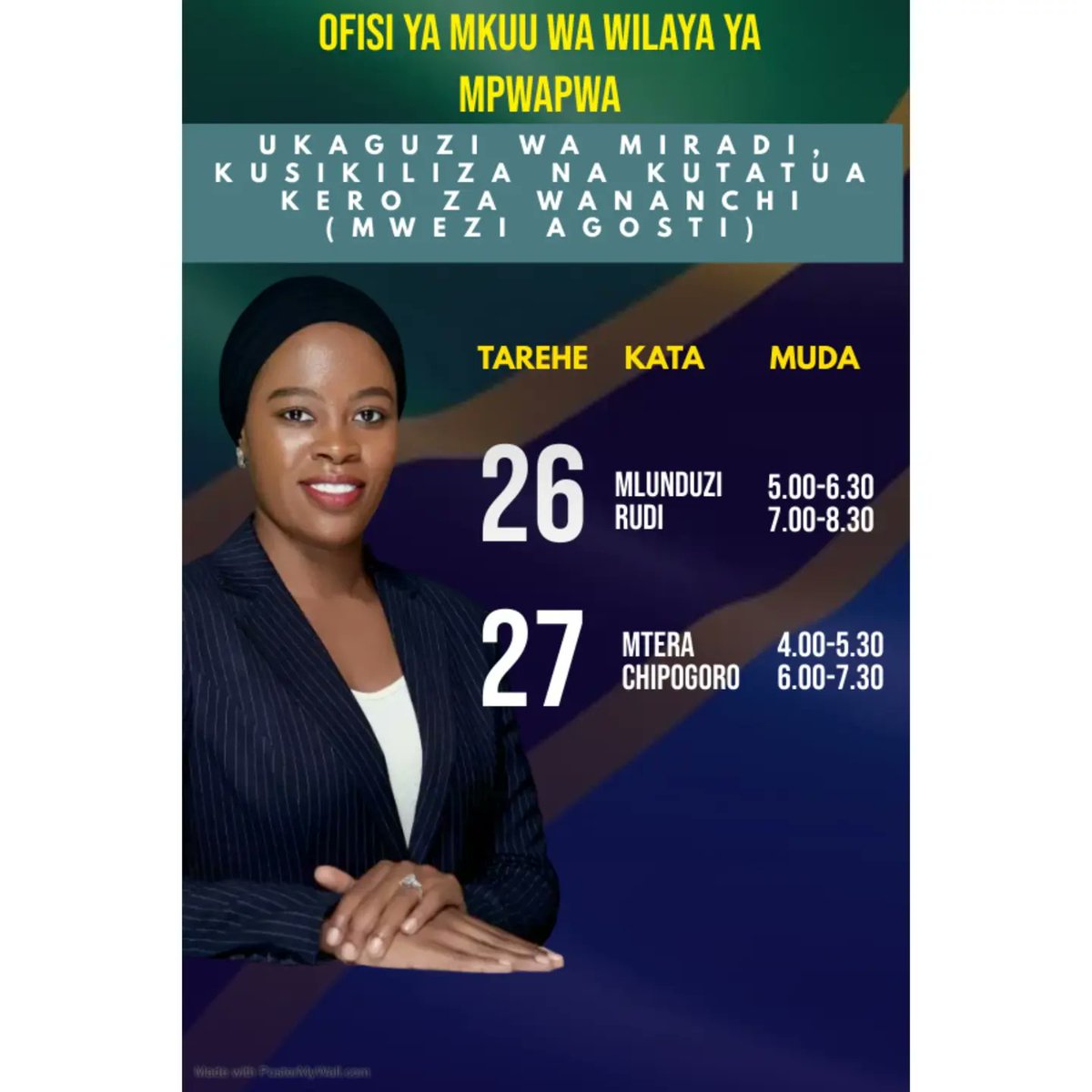 Wakazi na wananchi wote wa Mpwapwa, ratiba yetu ya mwezi Agosti kwa ajili ya ziara ya kukagua miradi ya maendeleo pamoja na kusikiliza na kutatua kero mbalimbali imekamilika. Tukutane uwandani/site kuanzia tarehe 12!