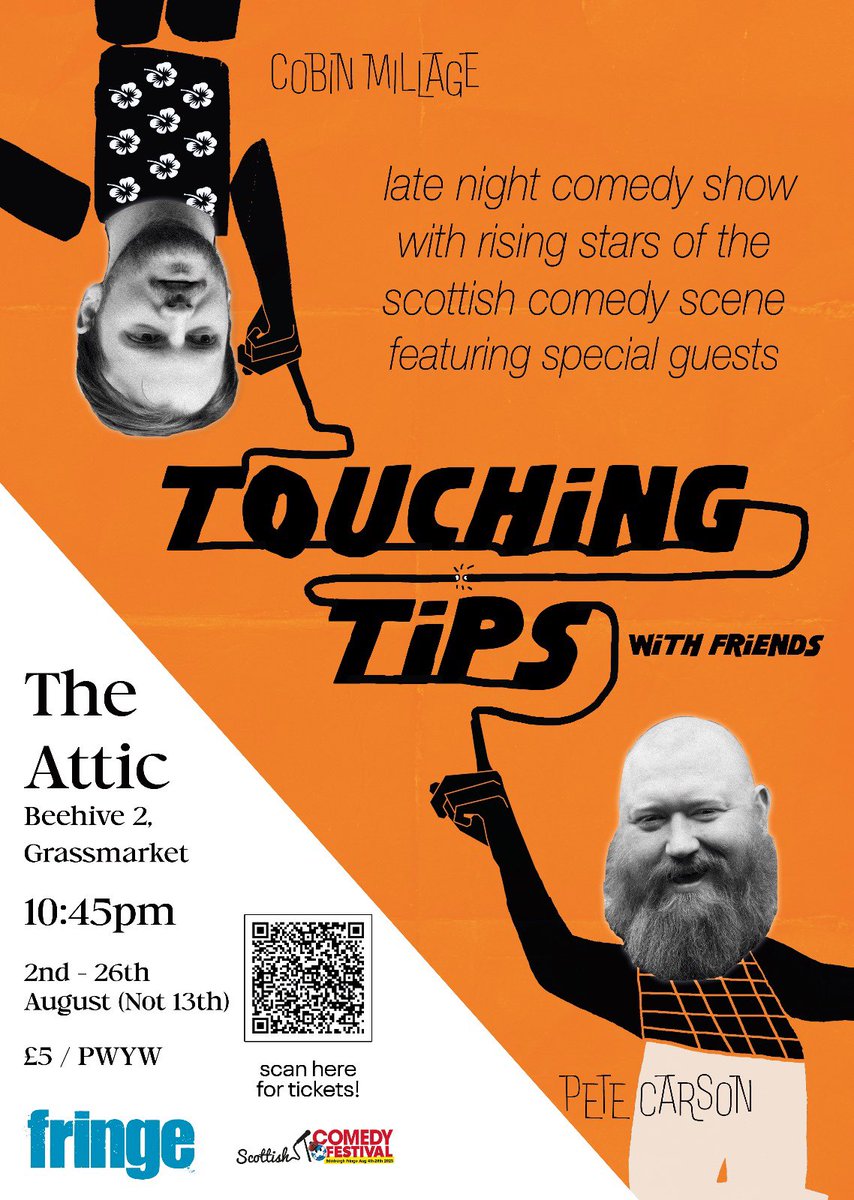 CobinMillage's tweet photo. I have many shows at this year’s Edinburgh Fringe. My debut solo show, Touching Tips with the handsome @petecarson , and a fully improvised solo show.

Come see them, for they shall be a hoot and a half plus an extra half of a hoot to make it two full hoots.

Ticket Link in bio https://t.co/SBz48KfmYG