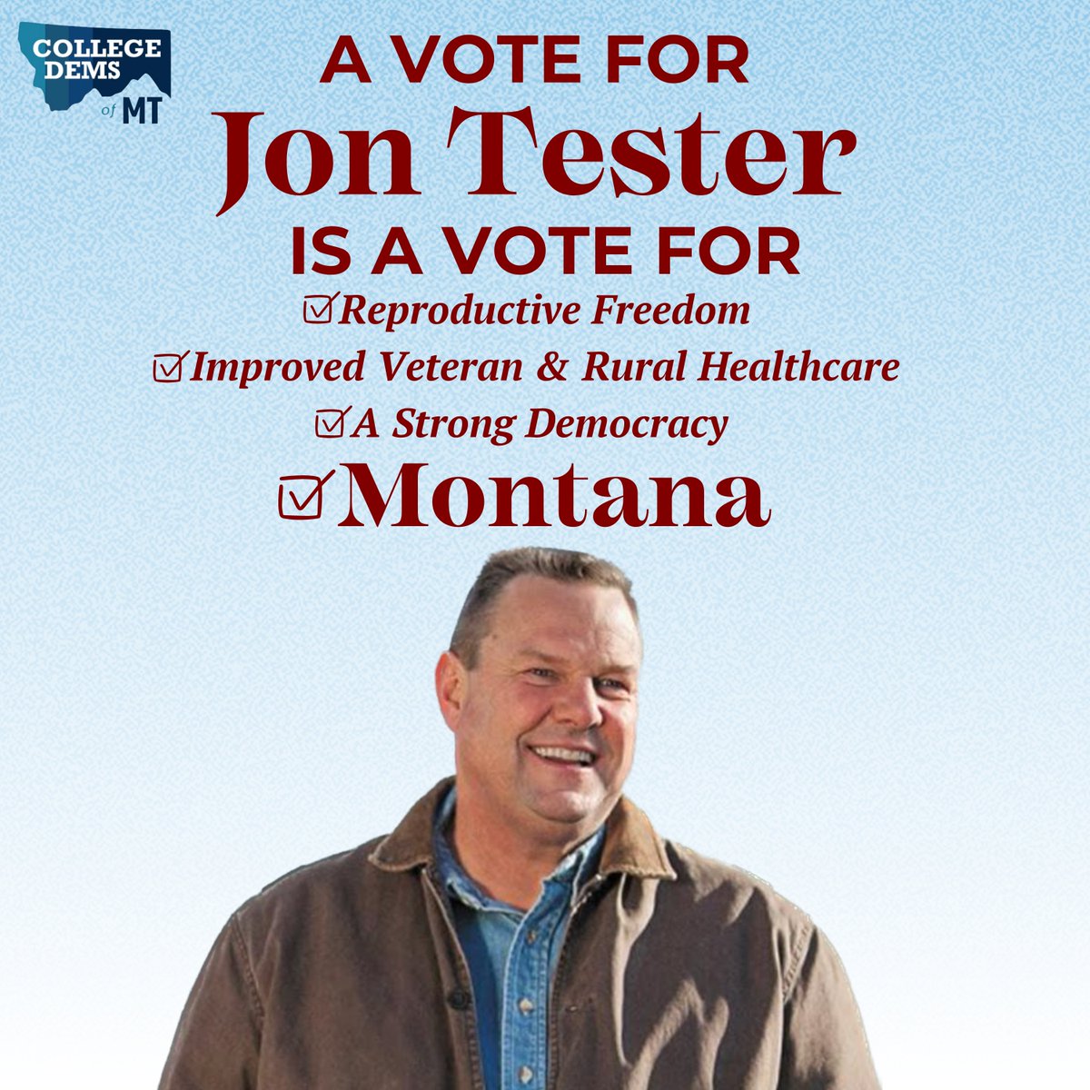 MTCollegeDems's tweet photo. A vote for @jontester is a vote for Montana
#OurFutureMT https://t.co/Nq0RDvlqdf