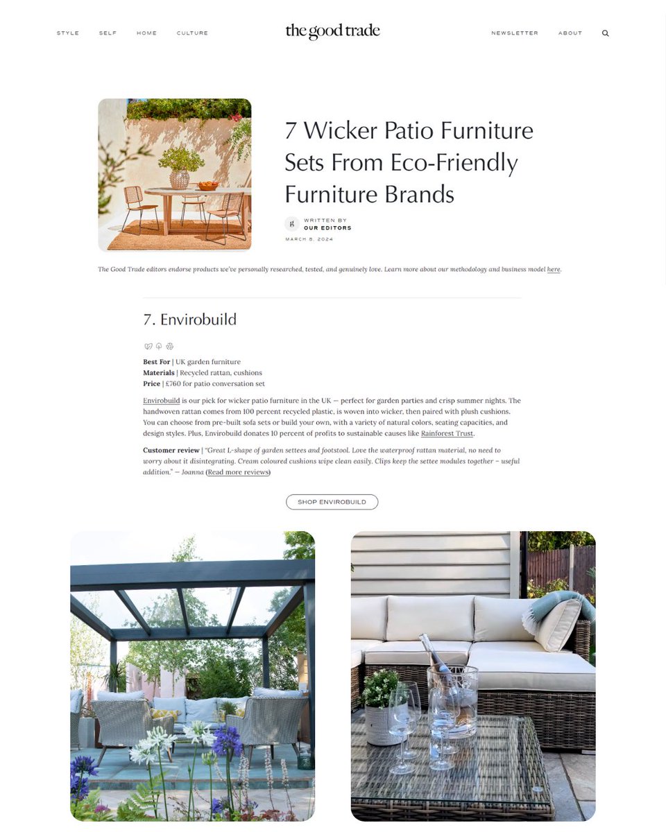 Enjoy 60% off and free delivery on our sustainable garden furniture as featured in The Good Trade ♻🌿

envirobuild.com/collections/ga…

#Sustainability #outdoorliving #Featured
