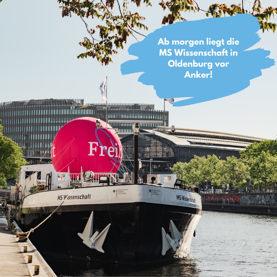 Vom 09. bis 11. Juli liegt die MS Wissenschaft in Oldenburg vor Anker! Unter dem Motto #Freiheit haben  28 Forschungsinstitute ihre Arbeit in eine interaktive Ausstellung  verwandelt. Die Ausstellung ist täglich von 10 bis 18.30 Uhr geöffnet und wird ab 12 Jahren empfohlen.