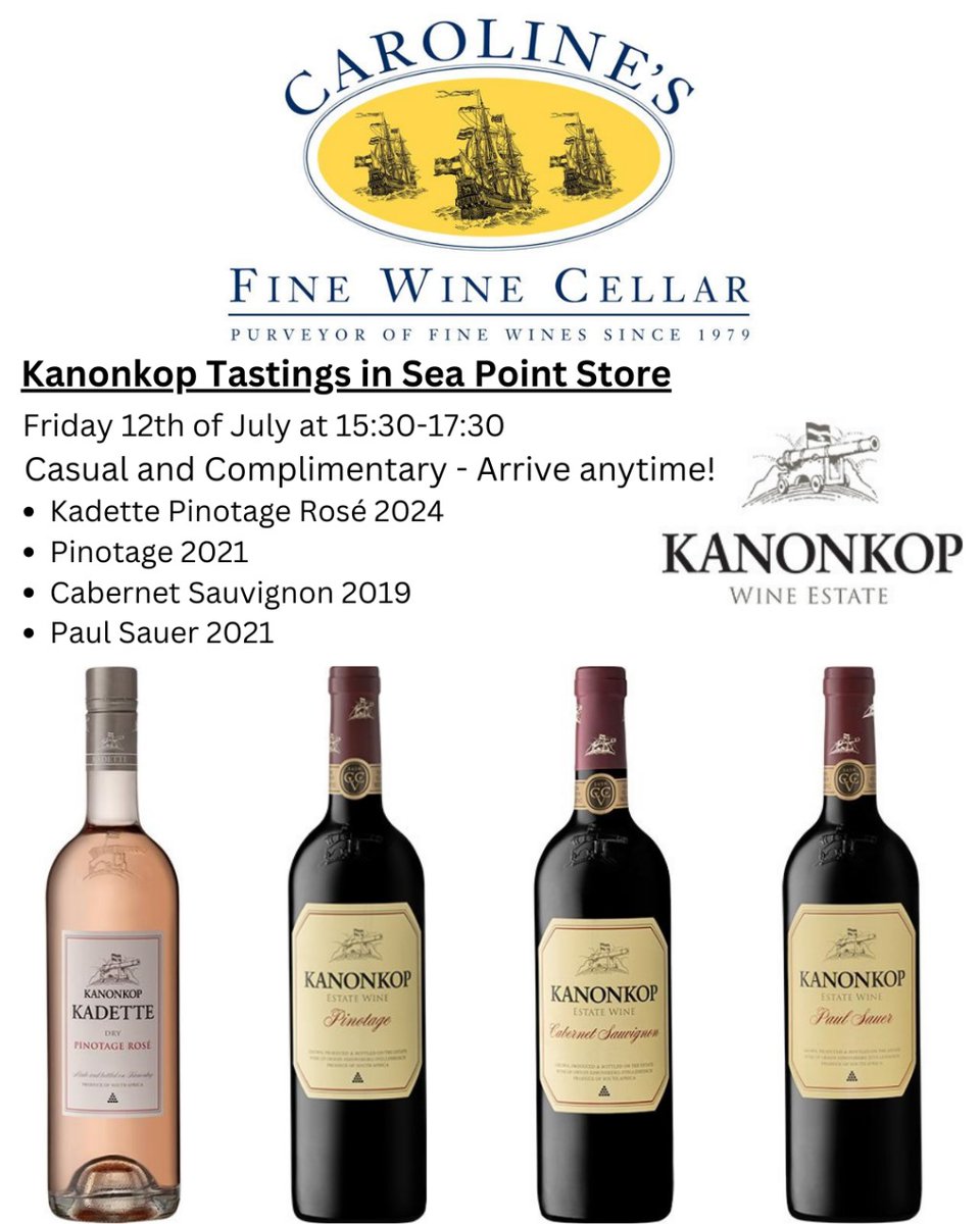 Kanonkop Wine Estate (@kanonkopestate) on Twitter photo Join us for a wine tasting experience on Friday, 12 July, 15h30 - 17h30 at Caroline’s Fine Wine Cellar in Seapoint. Come sample some of our finest wines, including the eagerly awaited new vintage Paul Sauer.
#Kanonkopwineestate #wherethebiggunsroar #wineofsouthafrica #winetasting Join us for a wine tasting experience on Friday, 12 July, 15h30 - 17h30 at Caroline’s Fine Wine Cellar in Seapoint. Come sample some of our finest wines, including the eagerly awaited new vintage Paul Sauer.
#Kanonkopwineestate #wherethebiggunsroar #wineofsouthafrica #winetasting