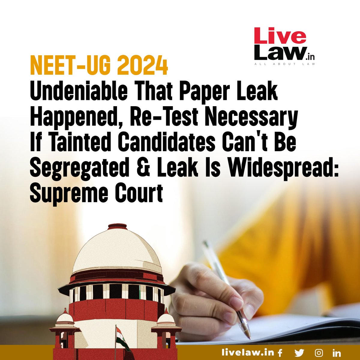 LiveLawIndia's tweet photo. While hearing a batch of petitions challenging the NEET-UG 2024 exam, the Supreme Court posed a volley of questions to the Union Government and the National Testing Agency (NTA) regarding the nature of the paper leak and the steps taken to identify the beneficiaries of fraudulent practices.
Read more: https://t.co/a7pZqza9mz