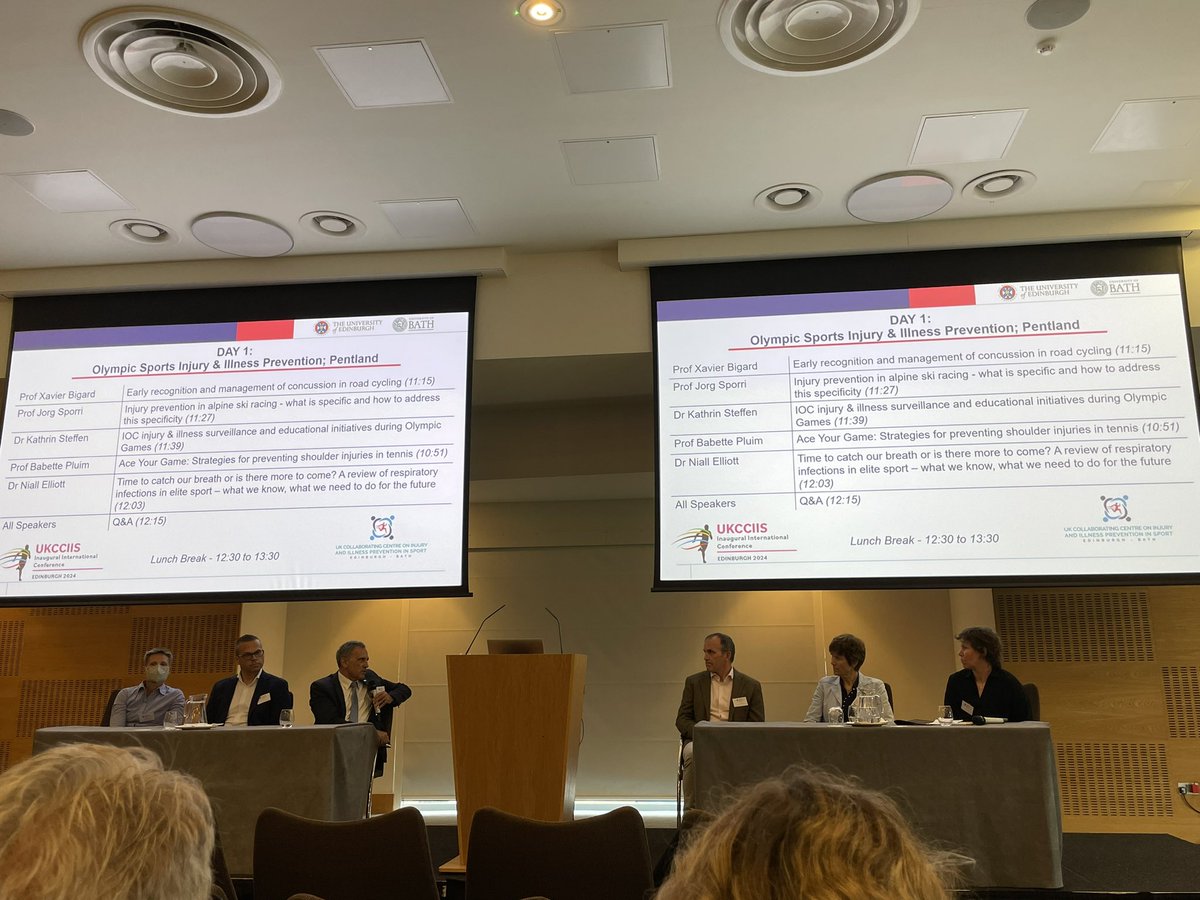 All star line for the final morning session here in Edinburgh. Very interesting to see the breath of prevention initiatives across multiple sports. 

🚲⛷️🥇🎾😷

<a href="/UKCCIIS/">UKCCIIS - IOC Research Centre of Excellence</a> <a href="/CHi2PSBath/">CHi2PS</a> <a href="/DebbiePalmerOLY/">Dr Debbie Palmer OLY</a> <a href="/DocPluim/">Babette Pluim</a> <a href="/dundeesportsmed/">Niall Elliott 🇬🇧🏴󠁧󠁢󠁳󠁣󠁴󠁿</a>