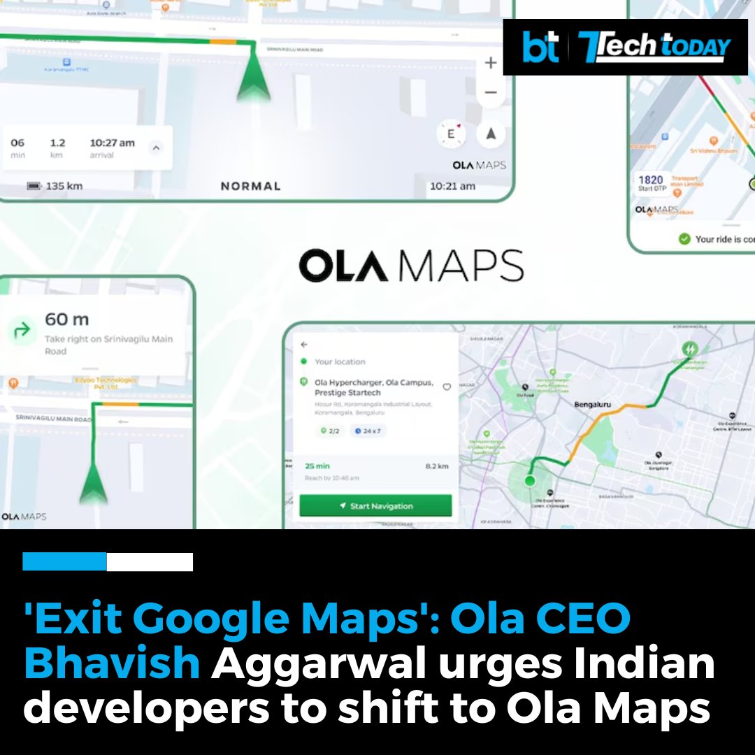 business_today's tweet photo. 📱 #TechToday | @bhash , co-founder and Chairman of #OlaGroup, has announced a major shift for developers and users, urging them to move away from @googlemaps in favor of #OlaMaps.
➡️ Aggarwal in a post on X highlighted the free access for developers to #OlaMaps via Krutrim, Ola's in-house AI firm, with over R100 crore in free credits. The push comes after Ola's recent exit from @Azure , aiming to build a more localised and efficient mapping solution tailored to #India's unique challenges.*
Read more 👉 https://t.co/sfGSR1eRQp
✍️ @DannyDcruze1