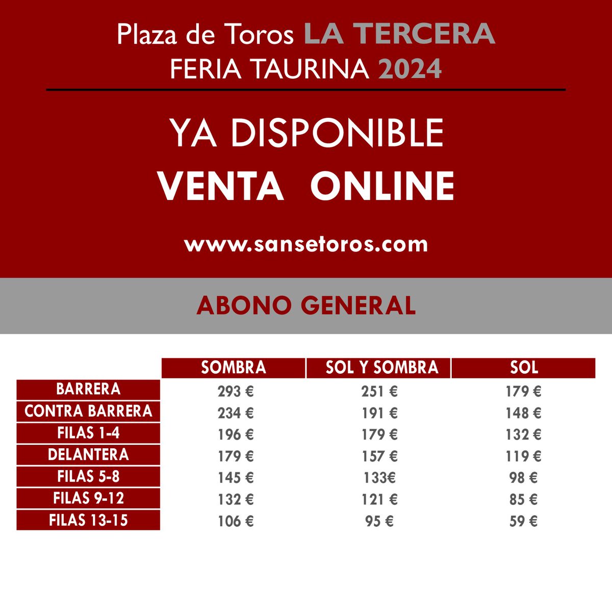 🎟️ INFORMACIÓN ABONOS

➡️ Abono general (novillada, rejones y dos corridas) desde 59€.

💳 Venta online en bacantix.com/Entradas/Defau…

📍Venta en taquillas a partir del 8 de agosto.

#FeriaTaurina2024 #SanSebastiánDeLosReyes