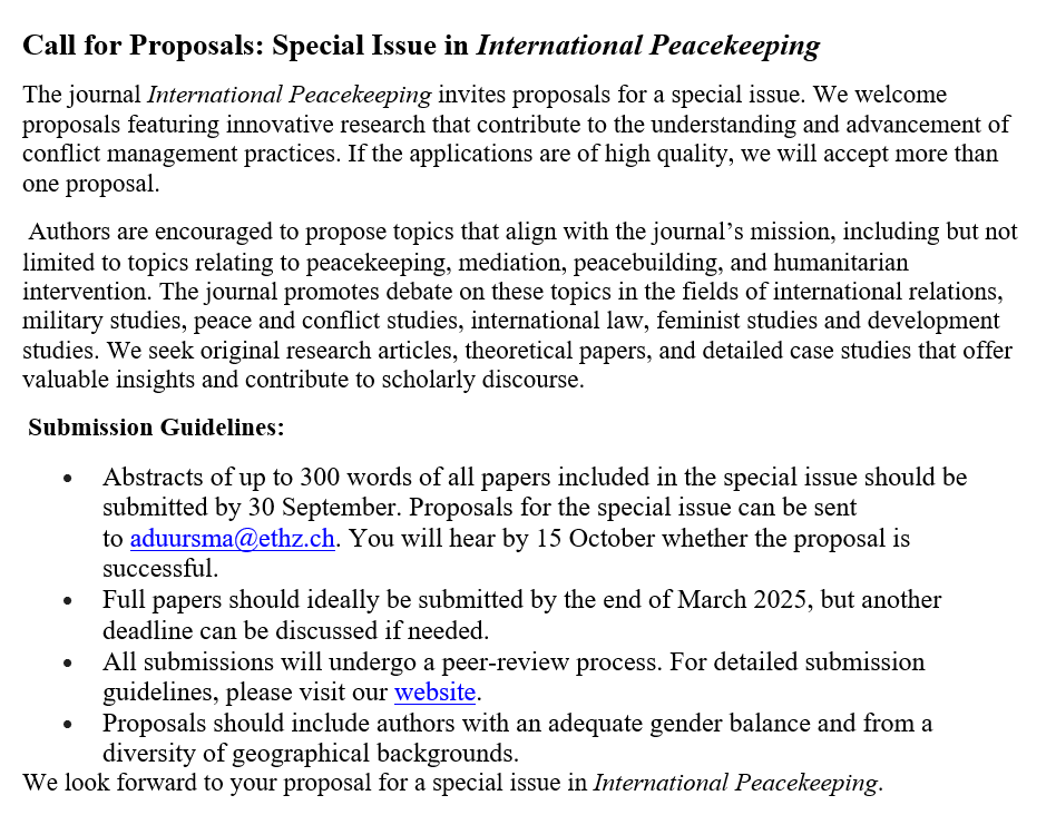 Allard Duursma (@allardduursma) on Twitter photo The journal <a href="/IntPeacekeeping/">International Peacekeeping</a> invites proposals for a special issue. We welcome proposals featuring innovative research that contribute to the understanding and advancement of conflict management practices. The journal <a href="/IntPeacekeeping/">International Peacekeeping</a> invites proposals for a special issue. We welcome proposals featuring innovative research that contribute to the understanding and advancement of conflict management practices.