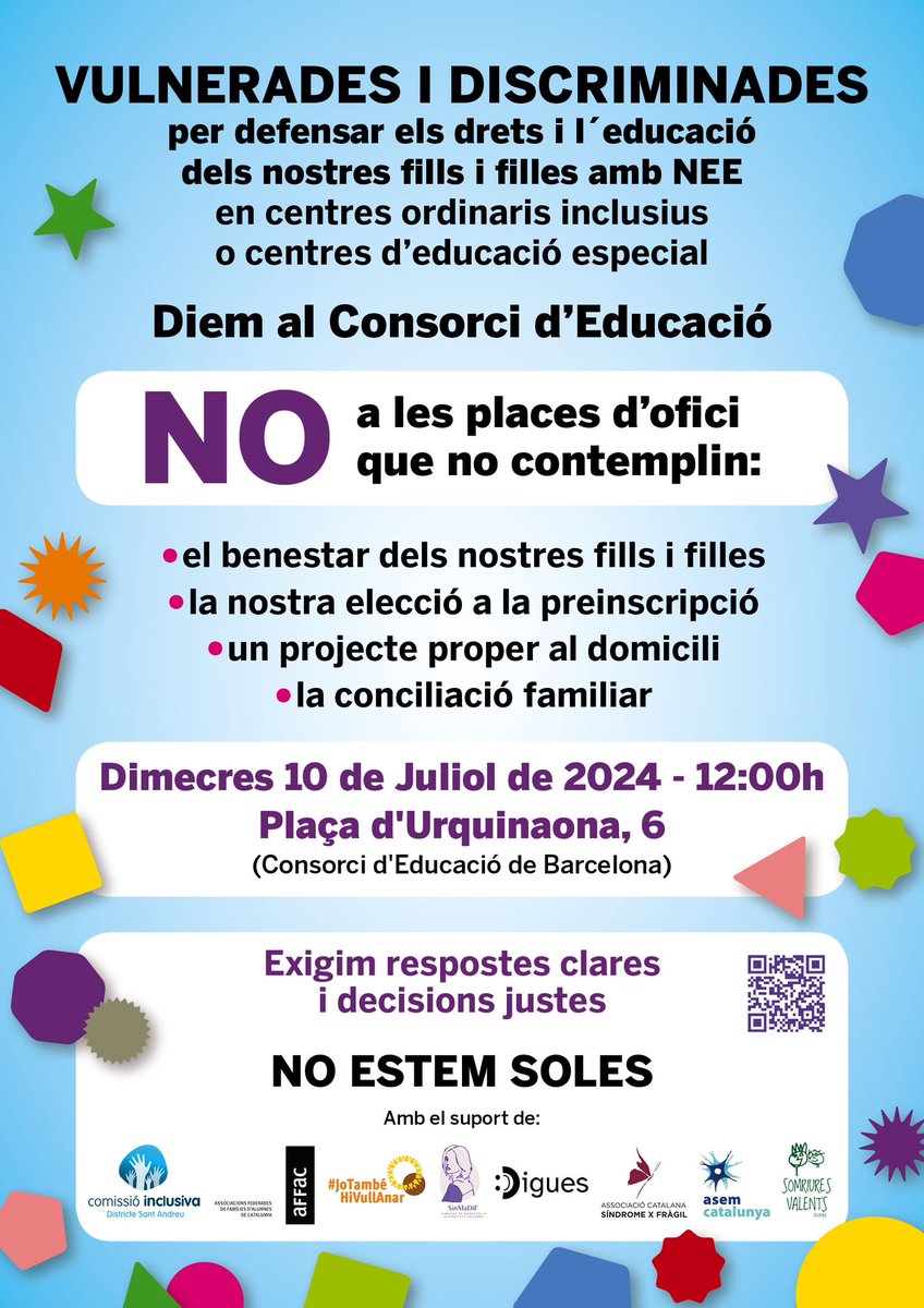 Digues2023's tweet photo. Aquest dimecres, 10 de juliol, us esperem a Pl. Urquinaona per defensar els drets dels nens i nenes amb Necessitats Educatives Especials.
#NEE #DretsdelaInfancia https://t.co/oyV761jj7x