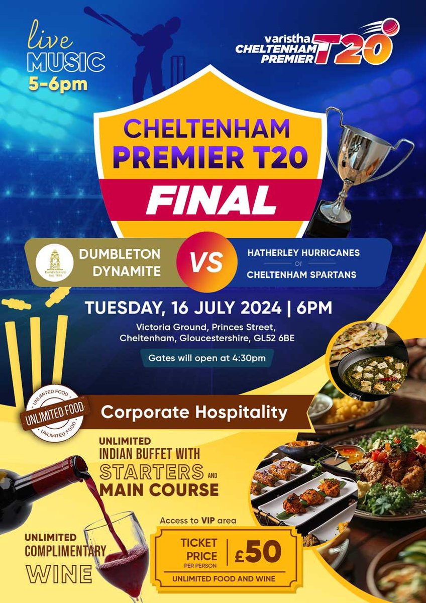 The Final of the Varistha Cheltenham Premier T20 is next Tuesday at the Vic.

Dumbleton will be facing either Cheltenham or Hatherley &amp; Reddings in what will be a competitive game.

You can buy your tickets to the final now with the info below. £10 ticket also includes a drink!