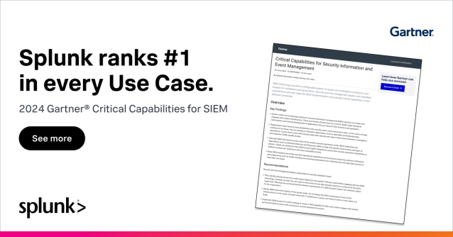 Did you hear the news? We're proud to share that <a href="/Splunk/">Splunk</a> ranks no. 1 in every Use Case in the 2024 Gartner Critical Capabilities for #SIEM. Learn more and get the full report on #SplunkBlogs. #SplunkSecurity dy.si/1bLQWx