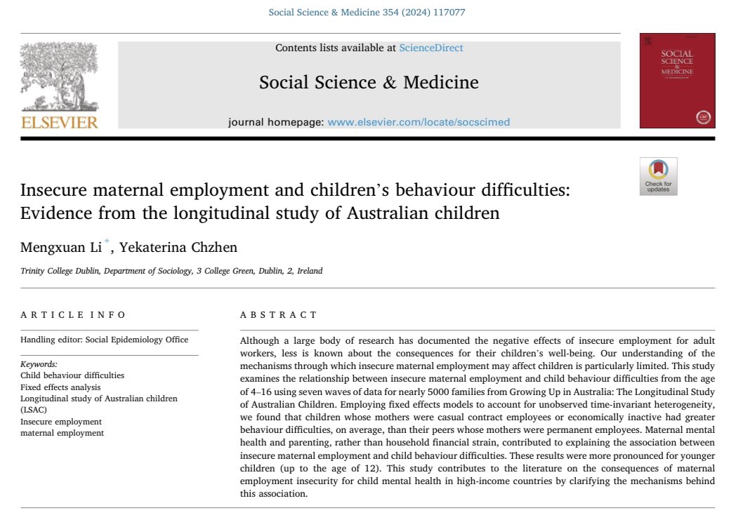 📢A new paper of my thesis is out in <a href="/socscimed/">Soc Sci & Medicine</a>! We (w/<a href="/kat_chzhen/">Kat Chzhen</a>) examine the mechanisms between precarious parental employment and child behaviour difficulties, and how those patterns differ by gender and family structures. Read more here (OA): doi.org/10.1016/j.socs…