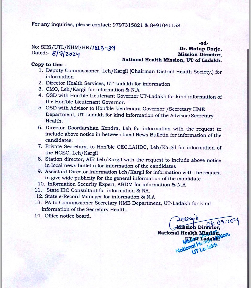 NHM Ladakh (@nhmladakh) on Twitter photo The MD, <a href="/NhmLadakh/">NHM Ladakh</a> invites applications for walk in interview from the qualified and experienced Specialists for contractual positions under the National Health Mission, UT of Ladakh for the Financial years 2024-25. <a href="/lg_ladakh/">Office of the Lt. Governor, Ladakh</a> <a href="/dc_Kgl/">Deputy Commissioner/DEO Kargil</a> <a href="/DC_Leh_Official/">Deputy Commissioner Leh</a> The MD, <a href="/NhmLadakh/">NHM Ladakh</a> invites applications for walk in interview from the qualified and experienced Specialists for contractual positions under the National Health Mission, UT of Ladakh for the Financial years 2024-25. <a href="/lg_ladakh/">Office of the Lt. Governor, Ladakh</a> <a href="/dc_Kgl/">Deputy Commissioner/DEO Kargil</a> <a href="/DC_Leh_Official/">Deputy Commissioner Leh</a>