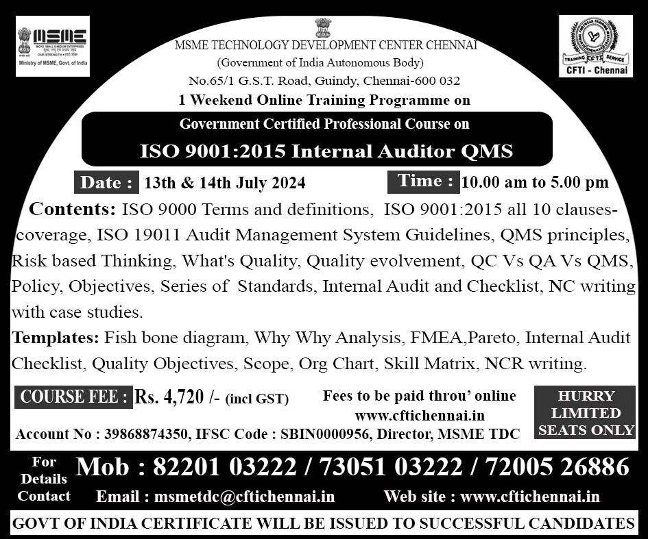 JPA_Solutions_s's tweet photo. MSME (Govt of India) Certified ISO QMS Internal Audition Online training program scheduled on 13th July 2024. For more details Call Jegan 8220103222 https://t.co/7MEY7KAEvu