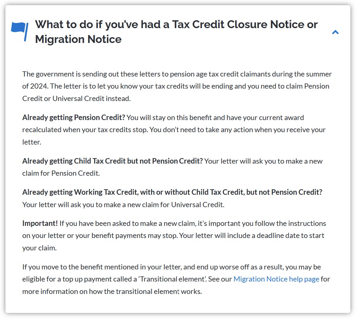 A new gov may change welfare policy in the medium to long term but, for now, it’s business as usual for the ongoing managed migration to Universal Credit.

We've added new guidance for pension age tax credit claimants about to receive a notice. Try it out: entitledto.co.uk