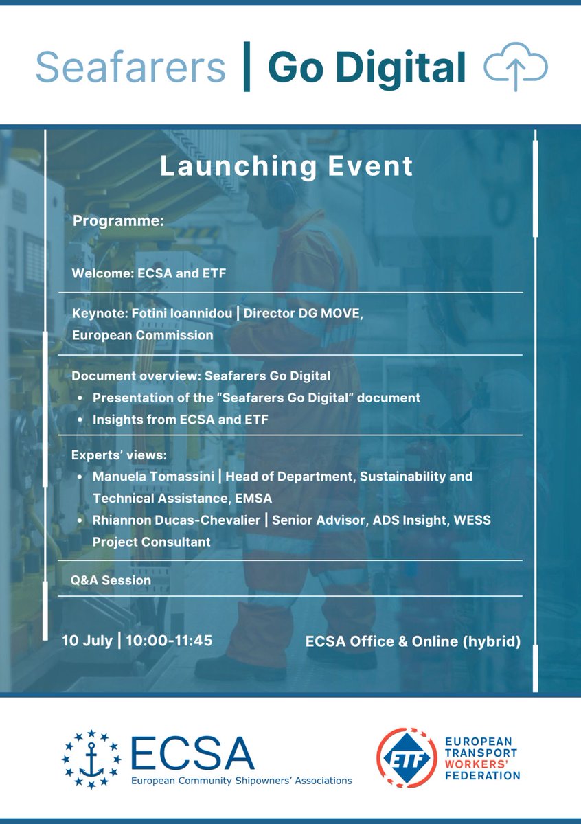 📢1 day left to register! 

Join ECSA and <a href="/ETF_Europe/">European Transport Workers' Federation</a> for the Seafarers Go Digital - Getting ready for the future launching event! 

Full program below⚓ 

🗓 10 July
🕛10:00- 11:45 CEST
📍ECSA office &amp; online

Registrations close tomorrow at 12:00 CEST⤵️ 
forms.office.com/pages/response…
