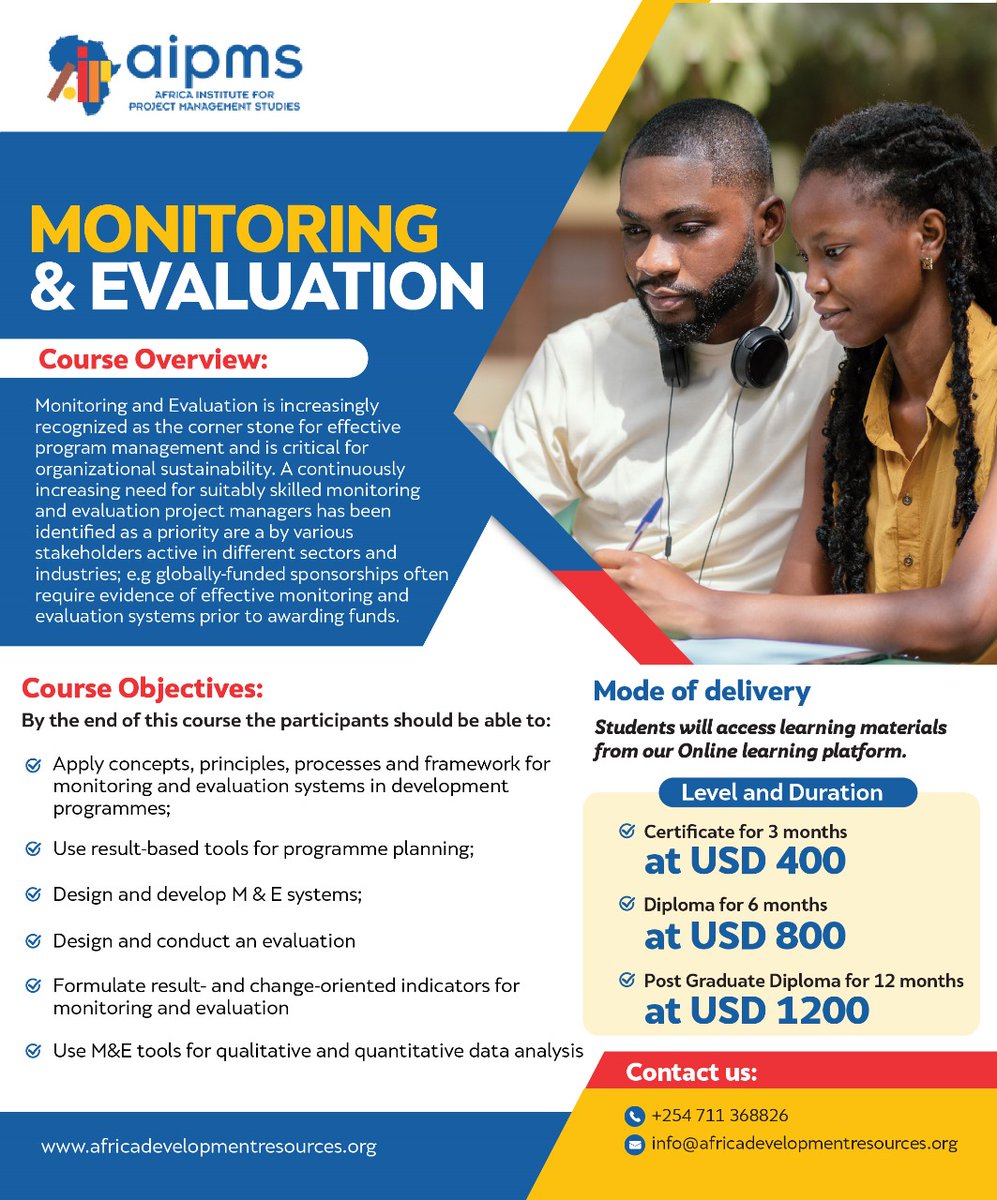 InstituteAIPMS's tweet photo. Offer on Enrollment

Elevate your skills and make a real impact! Our Monitoring and Evaluation course at AIPMS enables learners to assess project effectiveness, optimize strategies, and drive sustainable change. https://t.co/75UH1HGlEr